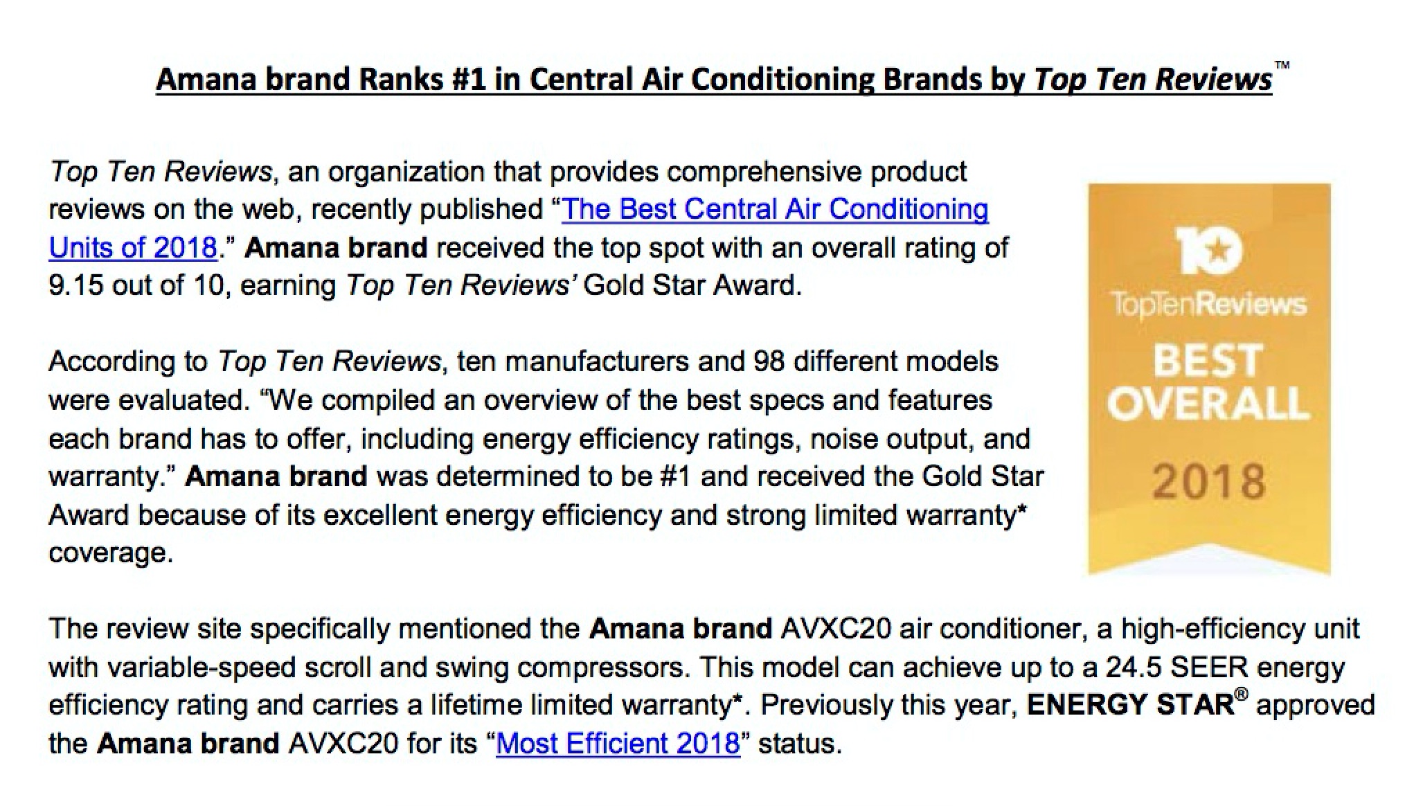 Amana brand Ranks #1 in Central Air Conditioning Brands by Top Ten ReviewsTM 2 Amana Award Final 1 jpeg