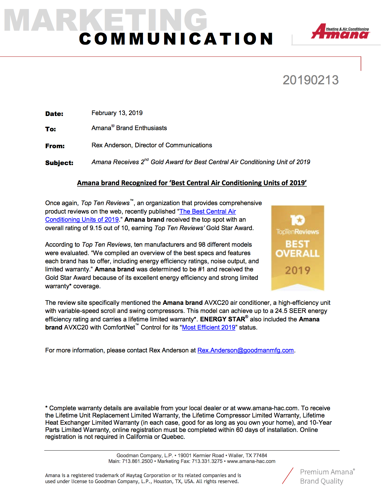 Amana Receives 2nd Gold Award For Best Central Air Conditioning Unit Of 2019 2 Amana MarCom News Amana Receives 2nd Gold Award 20190213 1