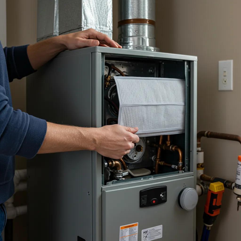 Homeowner changing an air filter on a furnace, illustrating essential maintenance tips for extending its lifespan