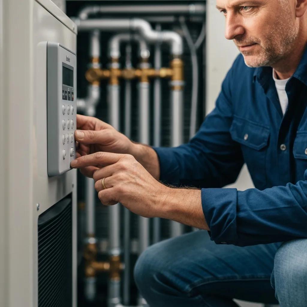 Technician adjusting the thermostat settings on a heat pump control panel