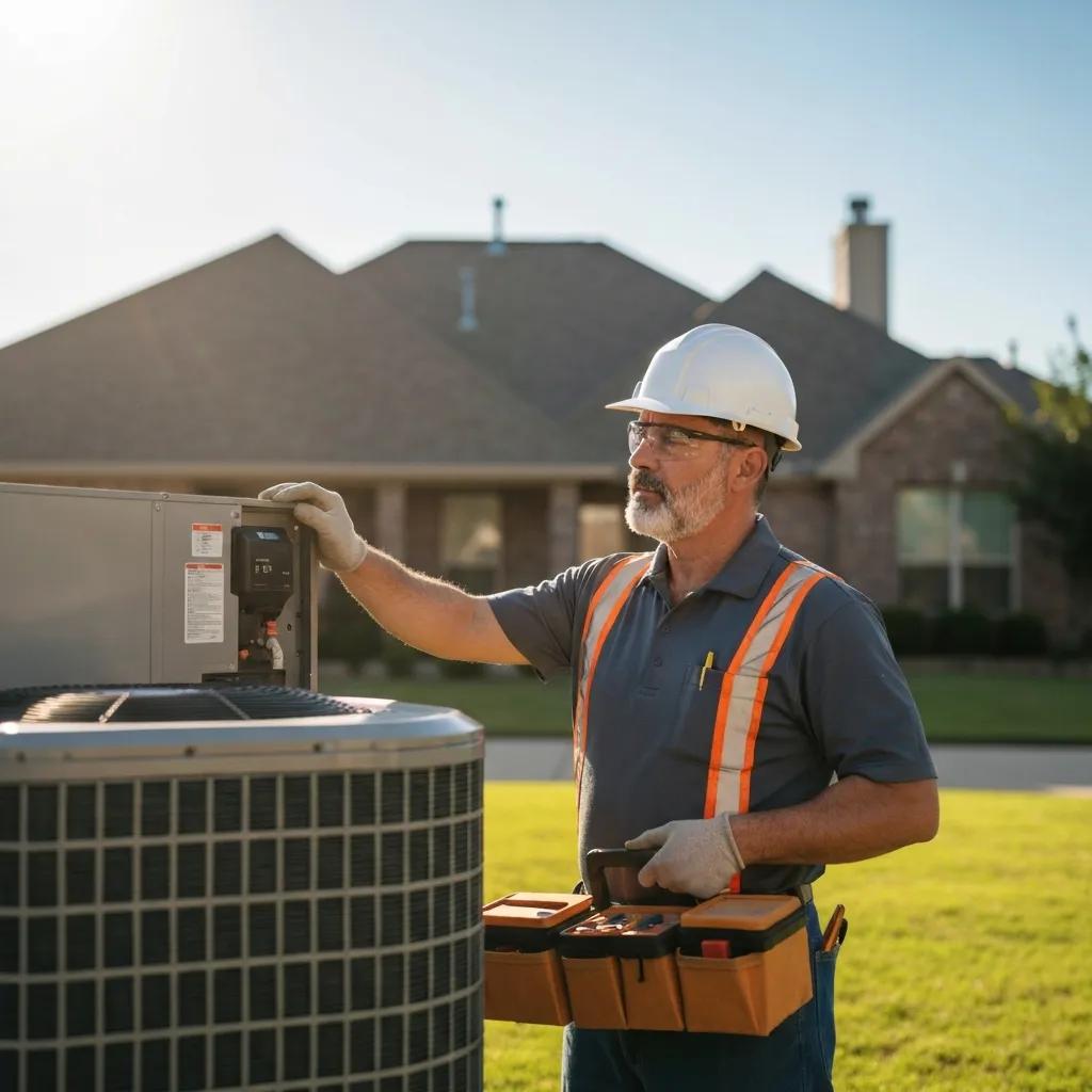 Technician inspecting a heat pump unit outdoors in a residential setting