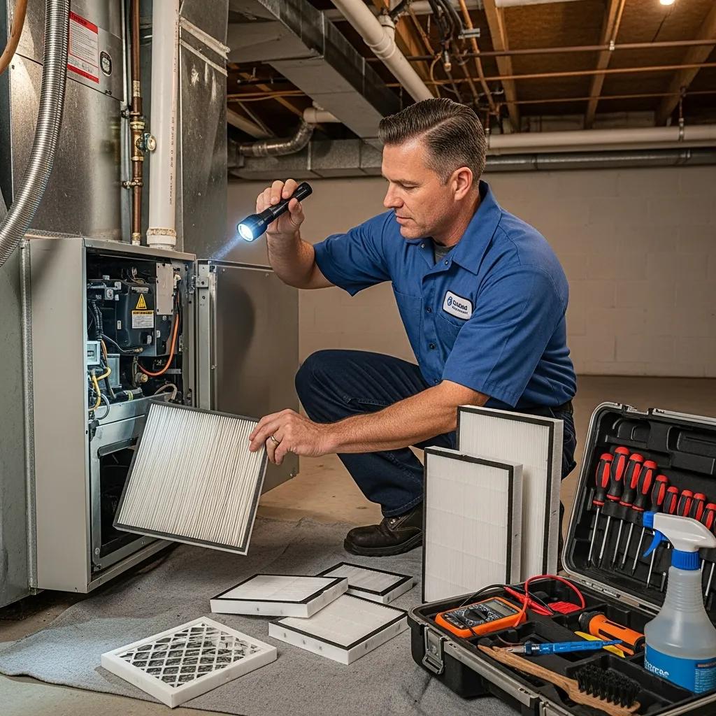 Annual HVAC Tune-Up Checklist for Homeowners 2 Technician inspecting and replacing HVAC filters, highlighting essential maintenance tasks